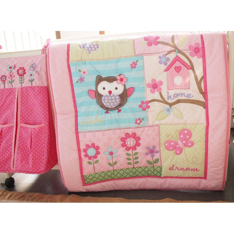 Baby Beddengoed Set Roze Uil Baby Crib Set Voor Meisje Baby Bed Set Quilt Matras Sheet Rok Crib Protector Bumpers luier Organisator