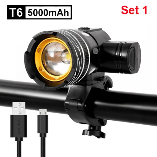 NEWBOLER-Luz de bicicleta T6 con batería recargable por USB, faro delantero de bici, lámpara de ciclismo con luz trasera, ajustable, 5000mAh: 5000mAh Set 1