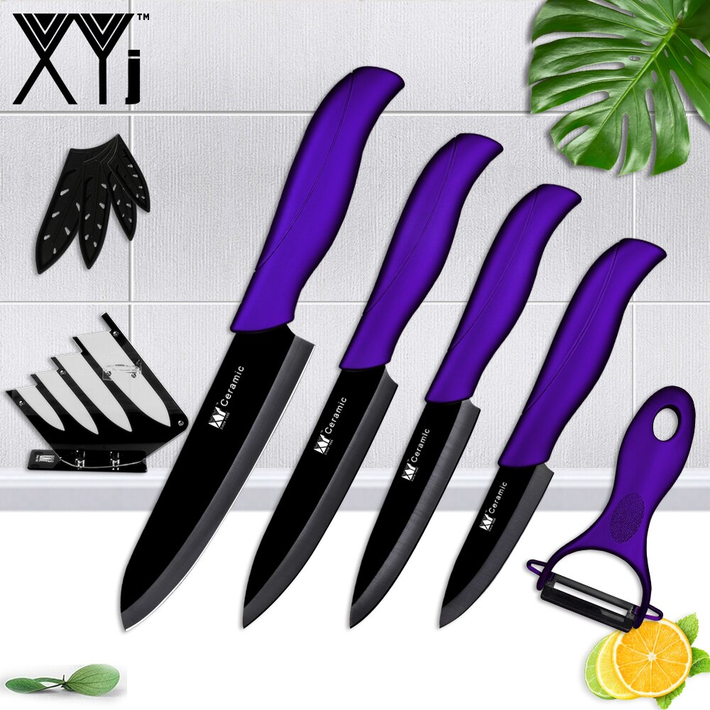 Xyj keramisk køkken kok kniv sæt farverige køkken keramiske knive 3 " 4 " 5 " 6 " tommer med kappeholder stativ madlavningsværktøjer