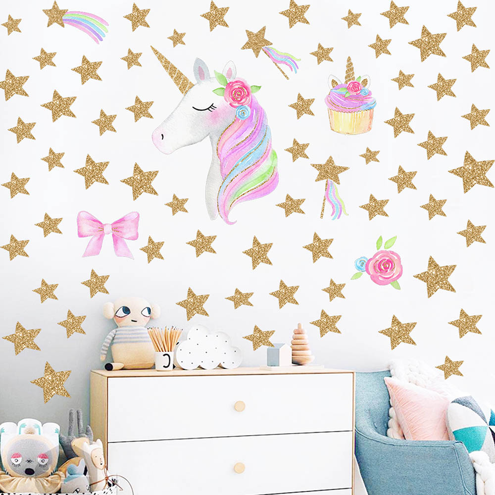 Tegneserie søde gyldne enhjørning sky stjerne regnbue pvc væg klistermærker vægbilleder til stue baby pige børn soveværelse hjem indretning
