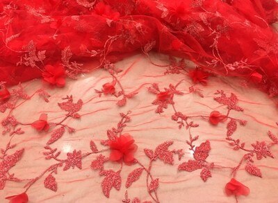 Tøj syning stof garn 3d broderi chiffon blomst blonder stof mesh materiale diy kjole tøj tilbehør  d607: Rød