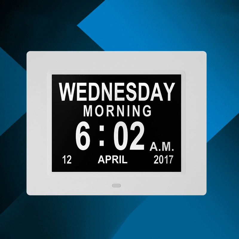 Clock Calendar with Date Day Hour 8 Inch Led Large Police Alarm for Elderly / Alzheimer and Children - White European Plug