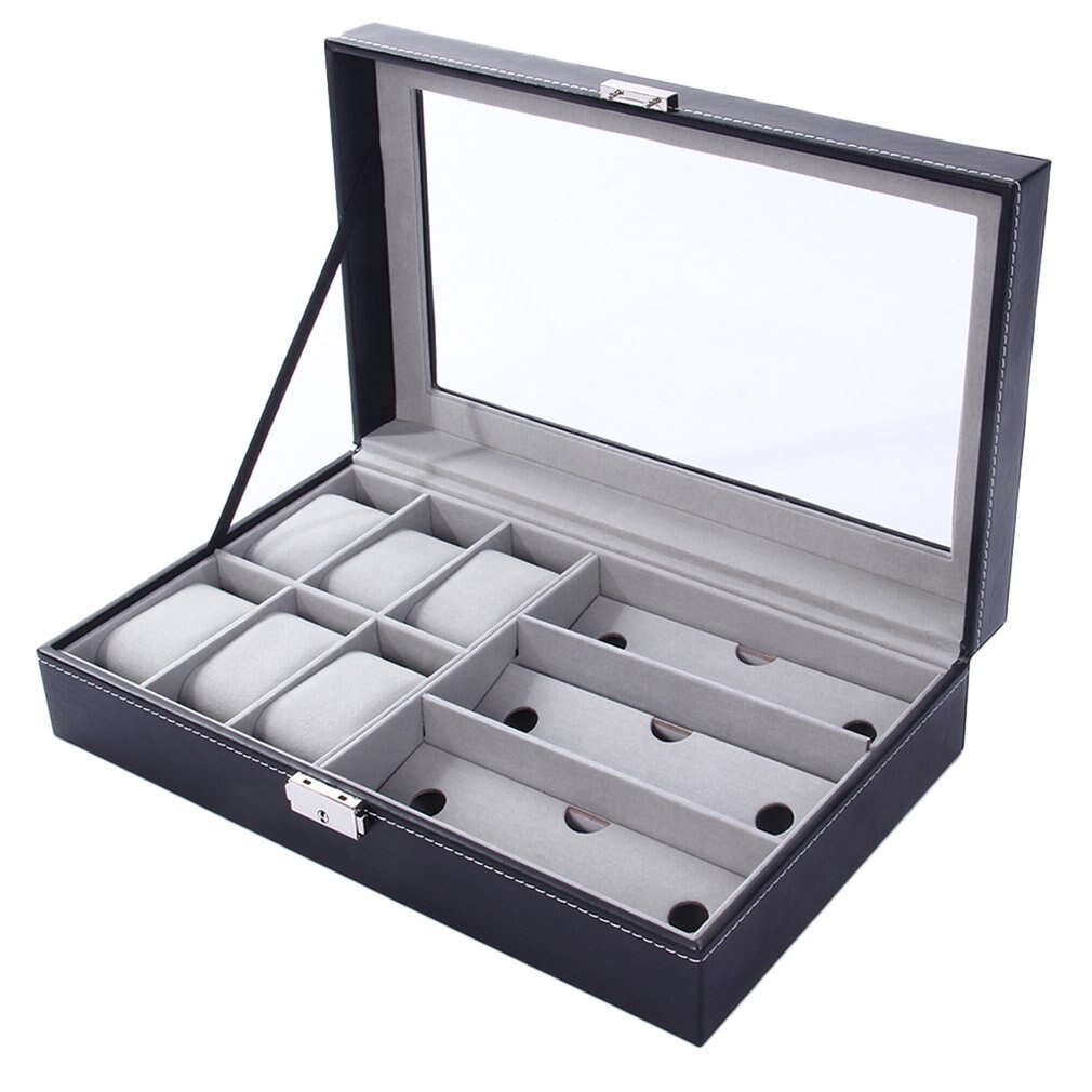 Multi-grids Leather/Carbon Fiber Watch Box winder watch Storage Box glasses Organizer Earrings Rings Jewelry Display Holder: 6