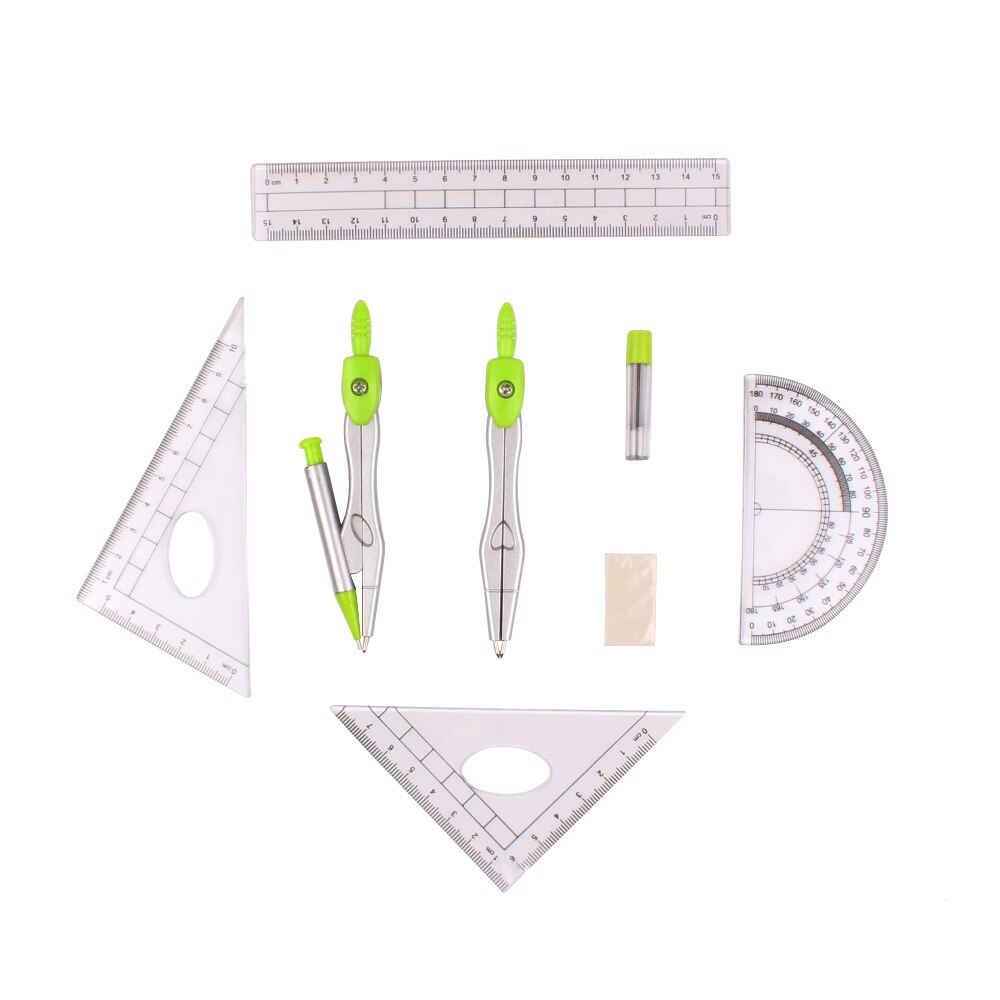 8Pcs Kompas Set Math Geometry Kit Professionele Tekening Tools Omvat Heersers Gradenboog Kompas Lood Vullingen Gum Briefpapier