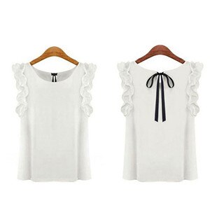 Zomer Sexy Chiffon Shirt Vrouwen Elegante Mode Strikje Blouse Casual O-hals Vlinder Mouwloze Witte Vrouwen Blouse: White / Xl