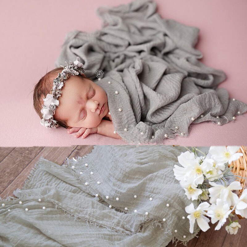 Ylsteed Newborn Photo Props Pearl Baby Shooting Photo Wrap with Tassel Baby Basket Stuffer Infant Photography Blanket Backdrop