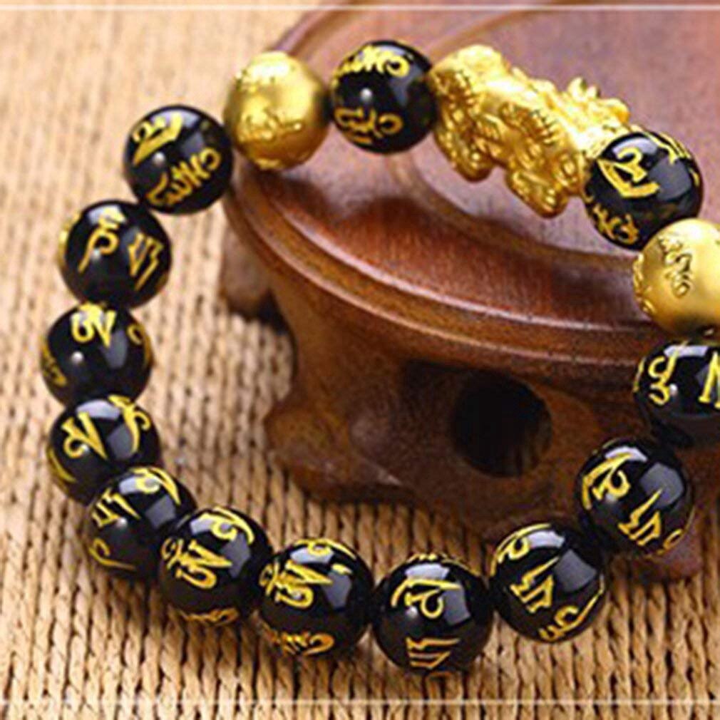Pulsera de aleación de oro Feng Shui de 12mm, brazalete de dragón chino Pixiu, cuentas negras, abalorios de riqueza, joyería