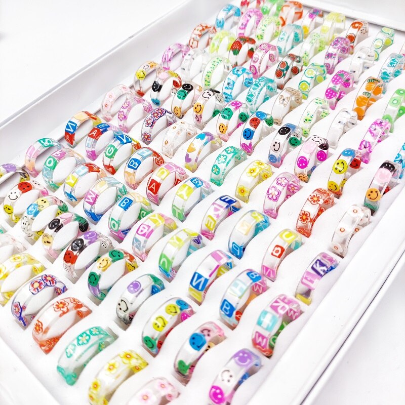 anillos mujer alianzas de boda pareja anillos aesthetic anillo mujer anillos tous 20 piezas / lote color transparente resina acrílico anillo mujer niña flor mariposa sonrisa carta impresión joyería al por mayor