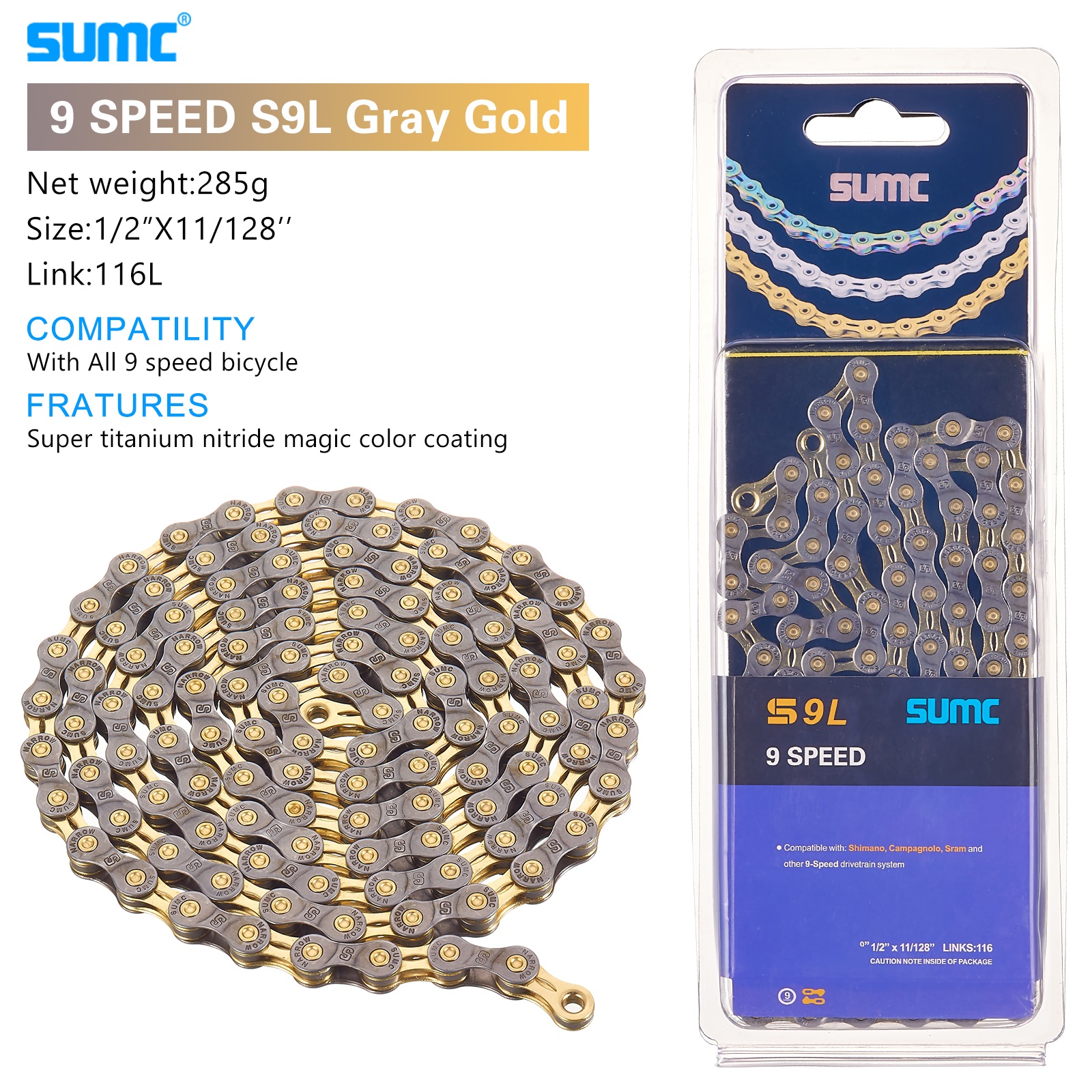 Neue sumc Mountain Road Fahrrad Schalt kette 8 9 10 11 12-Gang hohle ultraleichte Goldkette 251g mit Missing link m8000 m6000