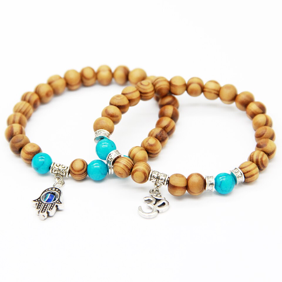 Ailatu 8mm Wood Beads Fatima Hand Hamsa Bracelets, OM Yoga Jewelry: Mix