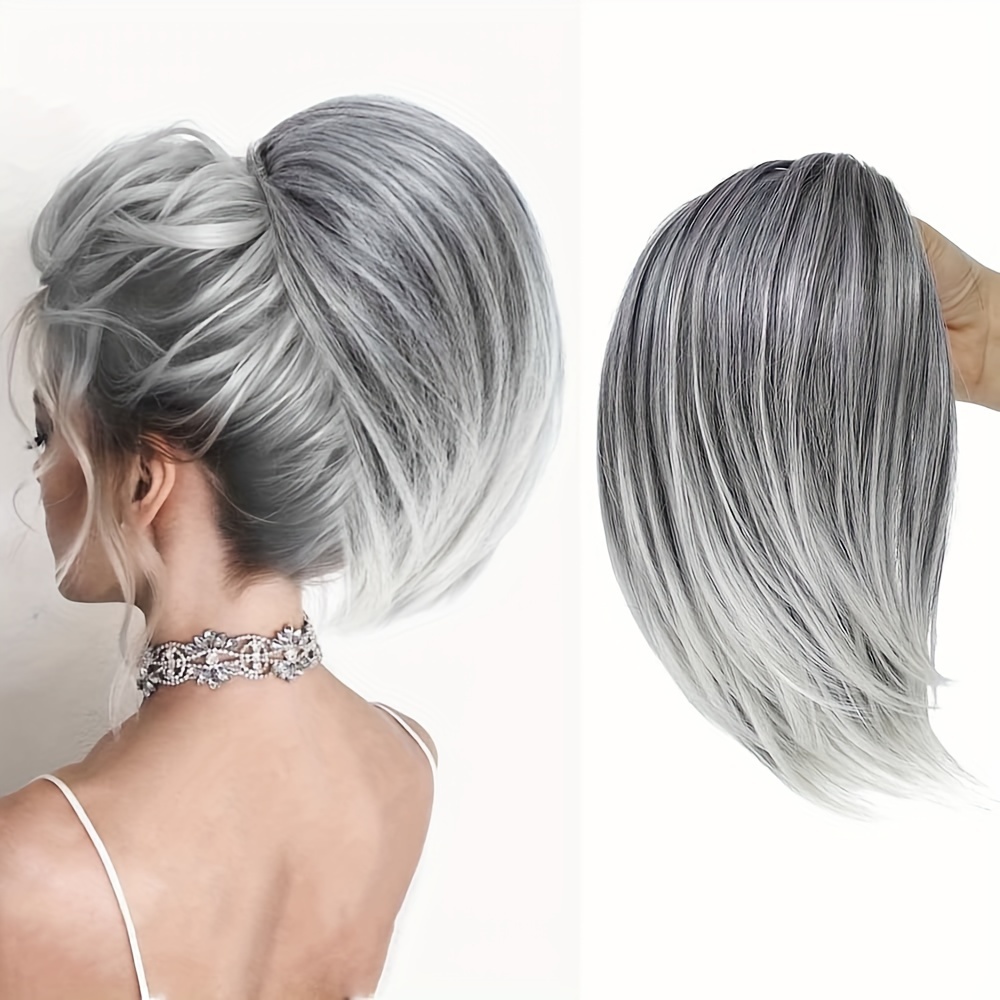 Postizo sintético de moño alto recto para mujer, extensión de cola de caballo con cordón , fácil de usar, moño de pelo de: #1B / gris plata