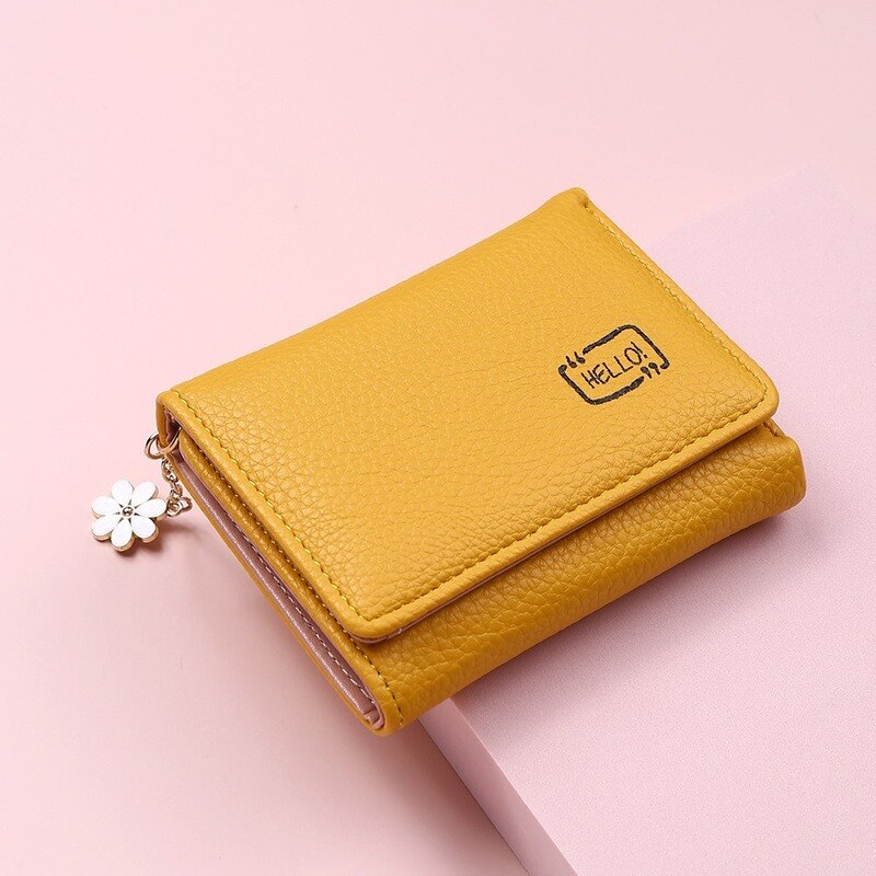 2022 portafoglio da donna di nuova moda corto da donna piccolo titolare della carta stampa ragazze nappa due volte borse per monete femminili: Yellow