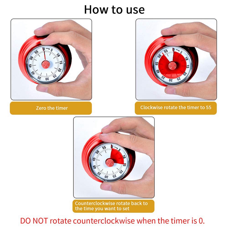 60 minutter mekanisk timer-magnetisk visuel nedtællingstimer med alarm til køkkenlavning bagning af sportsbørn (rød)