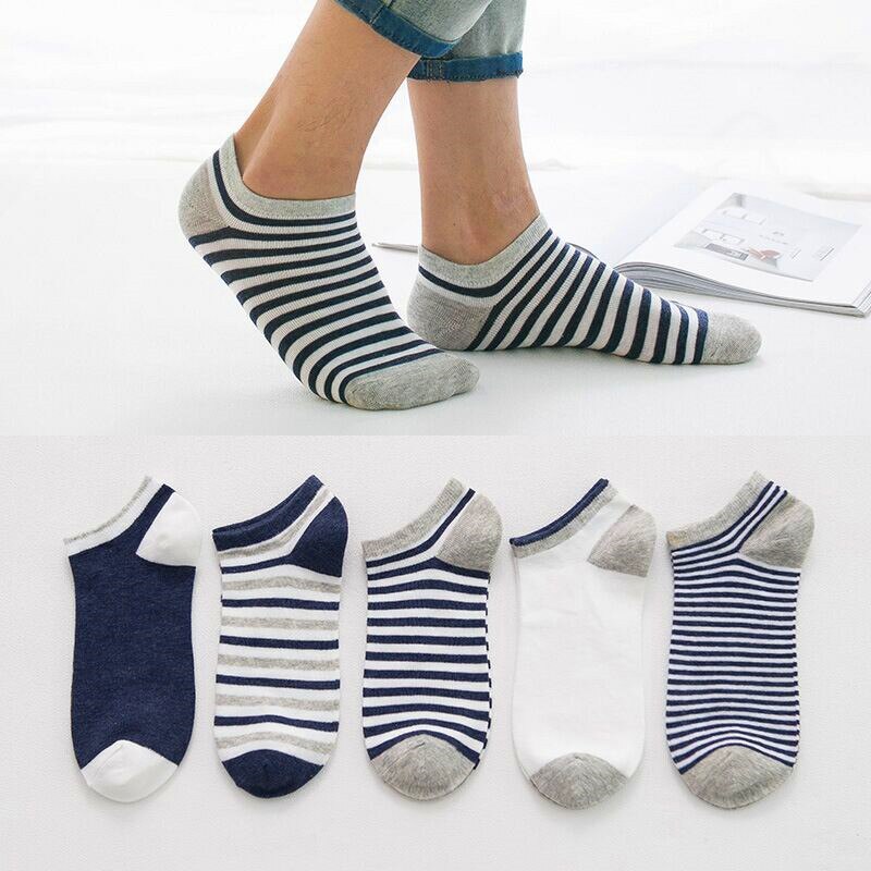 5-Pairs Summer Socks Pack Men Cotton Stripe Shallow Mouth Absorb Sweat Slippers Short Ankle Casual Boat Socks Mid Socks: Blue Striped