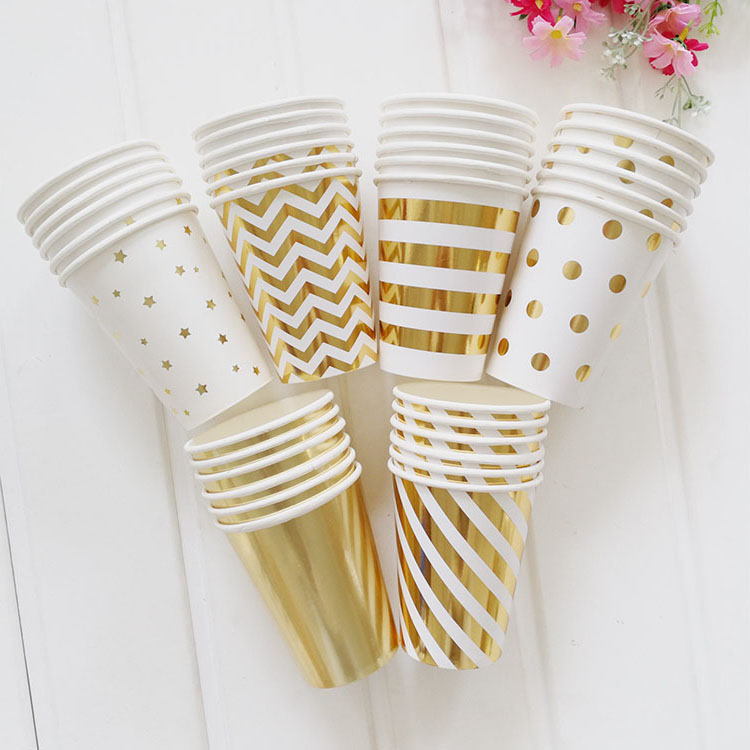 10Pcs Golden Cup Party Papier Servies Verjaardag Party Diner Plaat Stip Gestreepte Cup Voor Wedding Party Decoratie Collectie