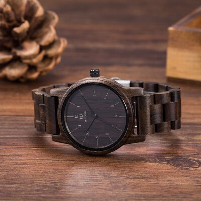 Herenhorloges topmerk luxe dameshorloge houten polshorloges leren of houten band relogio masculino: Zwart sandelhout