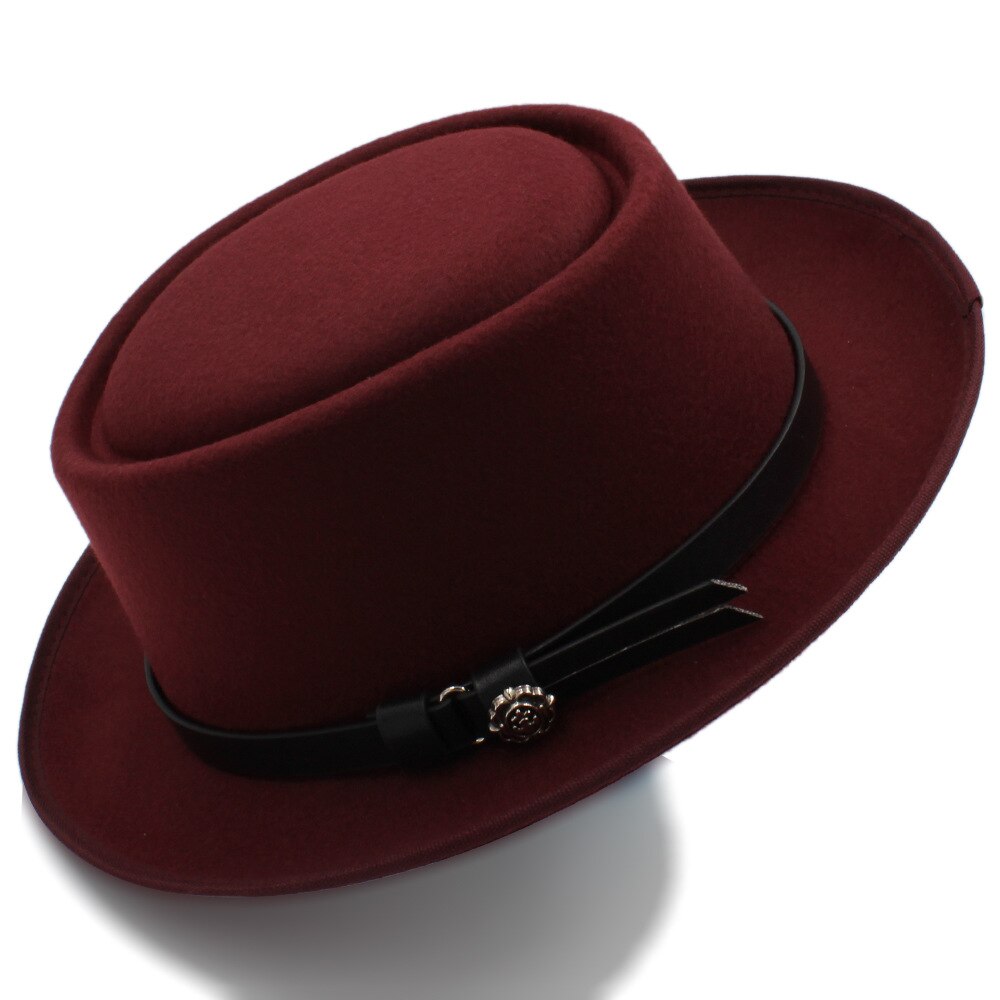 Women's Fedora Hat with Pork Pie Hat for Lady Church Wool Felt Hat Gambler Panama Trilby Hat Size 58cm: Wine red