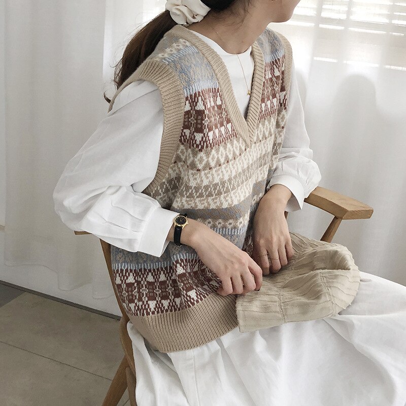 Chalecos mujer cuello pico Patchwork estilo pijo Coreano todo-fósforo mujer suelta Harajuku Chic sin mangas suéteres prendas de vestir Casual