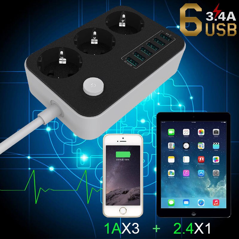 Enchufe ruso de la UE interruptor de la tira de alimentación eléctrica 3 salidas 6 puertos USB de carga rápida enchufe de extensión 1,5 M Cable Protector contra sobretensiones