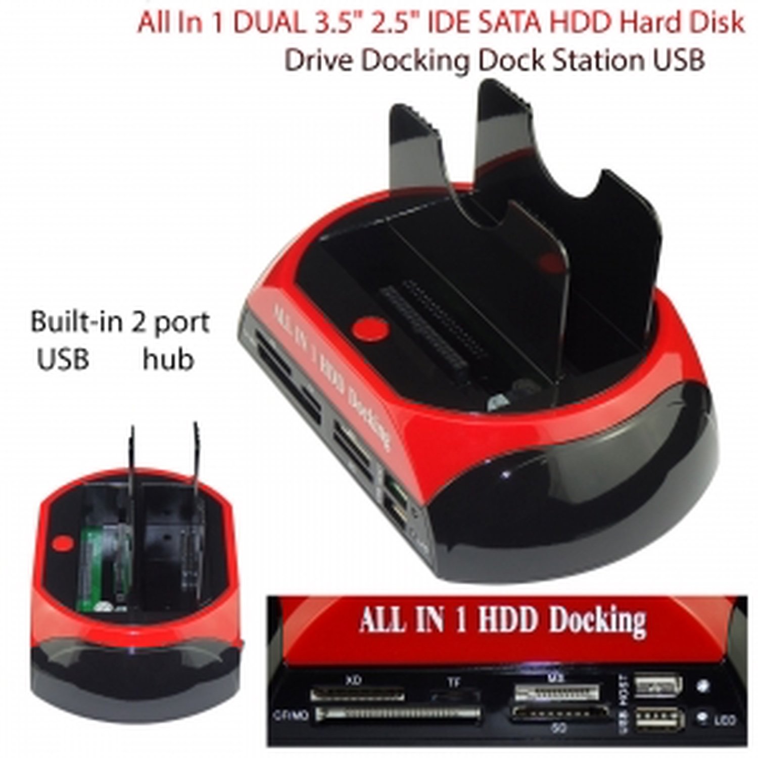 Base doca de disco rígido duplo hdd ide/sata 2,5 3,5 para usb 2.0 caixa externa leitor de cartões: Default Title