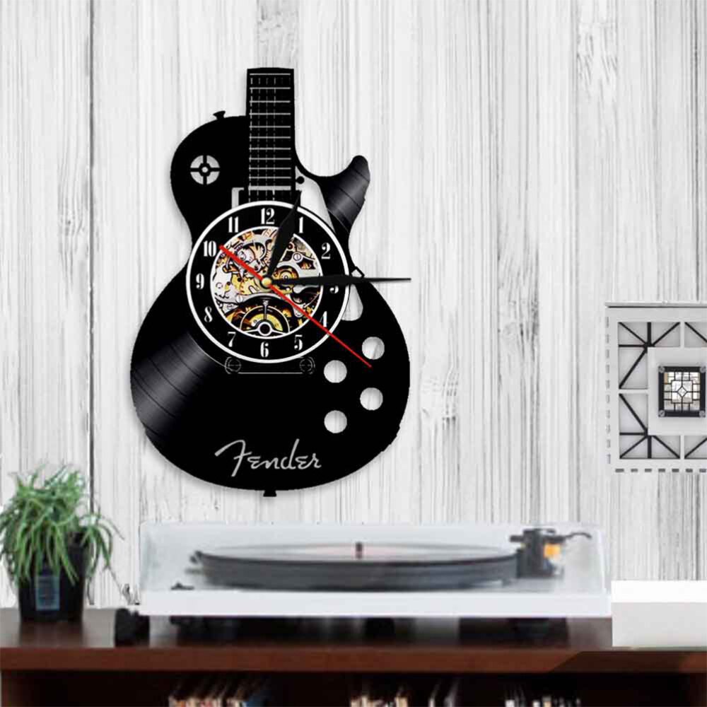 1pc Wall Clock Chic Decorative Wall Clock Vinyl Record Wall Clock Living Room Wall Hanging Clock Guitar Shape Wall Clock