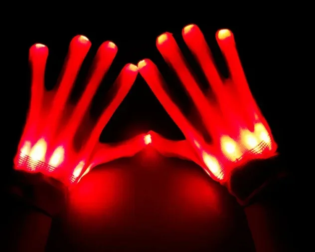 Luvas de néon brilhantes LED para festa de Halloween, luz luminosa adereços luvas de crânio piscando traje de palco traje traje robô: Vermelho