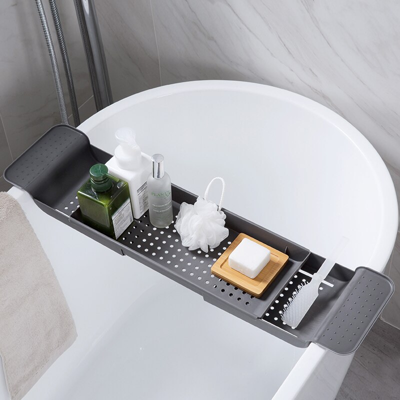 Udtrækkeligt badekar opbevaringsstativ badekar bakke hylde kar multifunktionelt badeværelse værktøj håndklæde opbevaring hylde køkkenvask afløbsholder