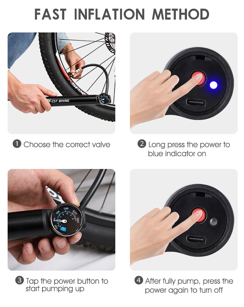 WEST BIKING Bicycle Electric Pump Bike Inflator 150 PSI USB Rechargeable Portable Car MTB Road Bike Inflator Cycling Tire Pump