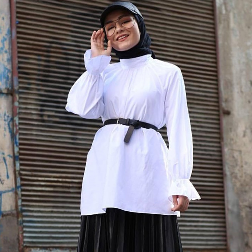 Siskakia-Camisa blanca de cuello alto para mujer, camisa de manga larga acampanada, suelta e independiente, Tops turcos árabes,