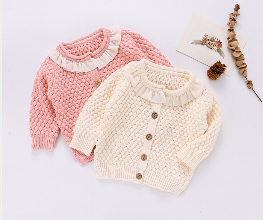 Manteau pull classique à col rond pour bébé fille, vêtement de printemps à fermeture côtelée à simple boutonnage et à volants: pink / 3T
