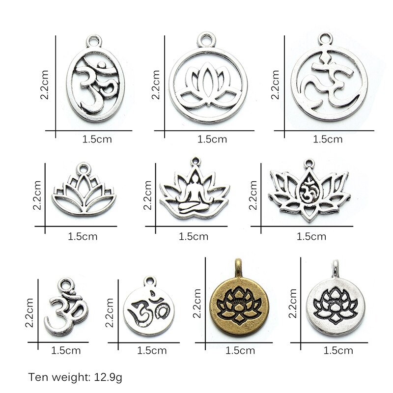 10pcs/lot Mix Styles Tibetan Silver Lotus Flower Yoga OM Charm Pendants Jewelry Accessories Bracelet Jewelry Findings DIY