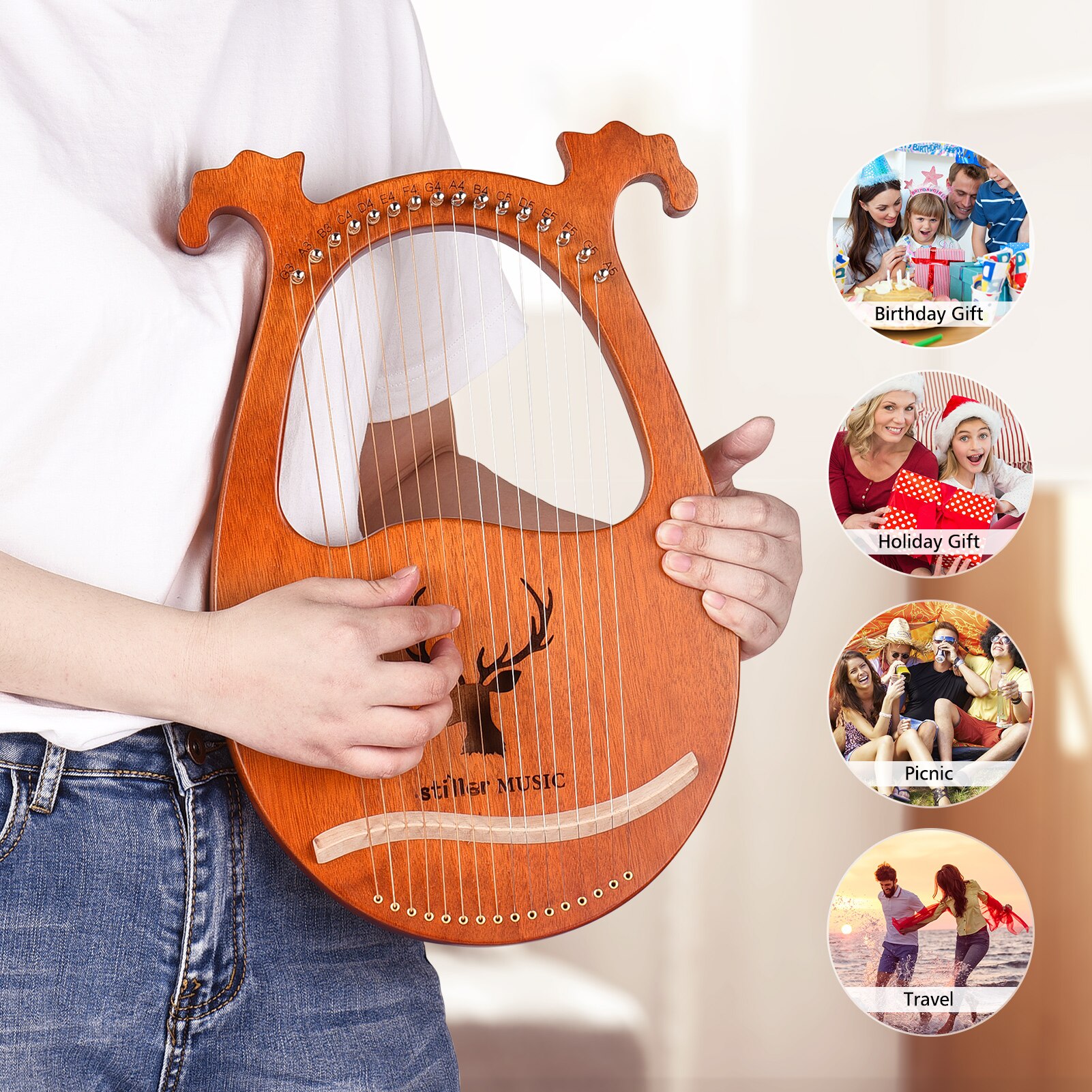 ammoon 16 String Lyre Harp Solid Wood String Instrument with Elk Pattern Storage Bag Tuning Hammer Strings Cleaning Cloth Picks
