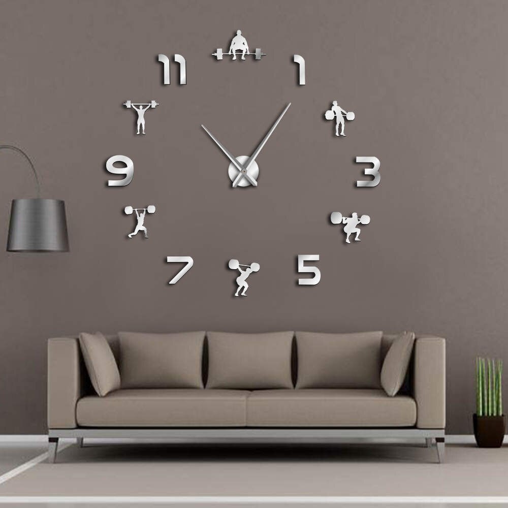 Large Weightlifting Fitness Room Wall Decor DIY Giant Clock Mirror Effect Powerlifting Frameless Wall Clock Hercules Wall Watch