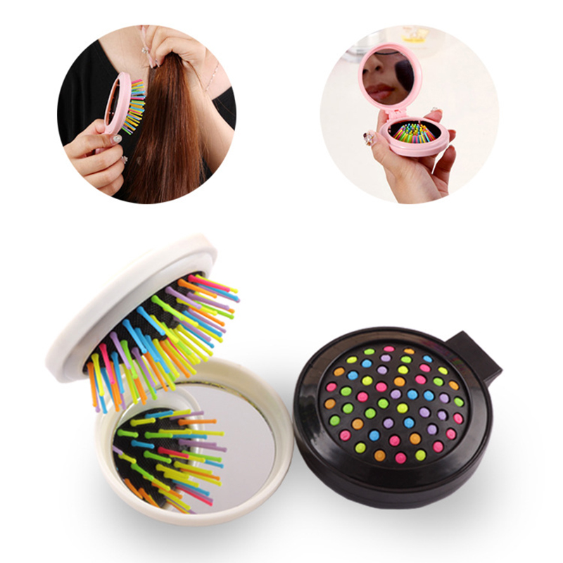 Mini peine plegable multifunción , cepillo de pelo de viaje redondo con espejo, para maquillaje