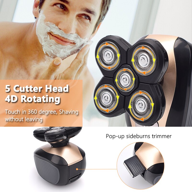 Máquina de afeitar eléctrica recargable para hombres, 5 en 1, con cinco cabezales flotantes, para el pelo, cortador de pelo de los oídos, cepillo de limpieza facial