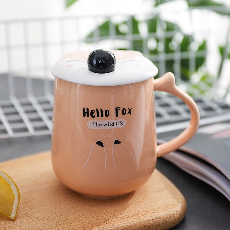 420ml Fox Shape Ceramic Mug Cartoon Animal Coffee Mugs with Lid Spoon Tumbler Cup Novelty for Christmas: Orange