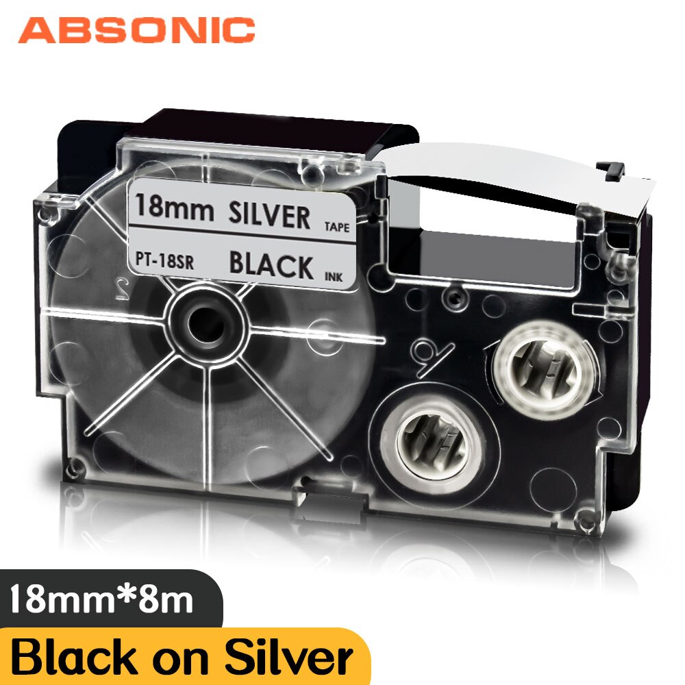Absonic mieszana drukarka kolorowa wstążka XR-18X XR-18WE XR-18RD XR-18BU XR-18YW XR-18GN 18mm taśma z etykietami kompatybilna z etykietą Caiso: Black on Silver