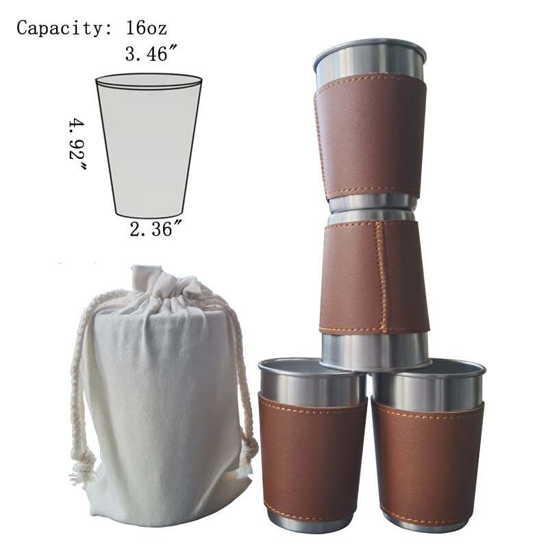 4 Stks/partij 10-16Oz Outdoor Camping Servies Reizen Cups Set Rvs Leather Case Drinken Glazen Beer Cup koud Drankje Cup: YELLOW