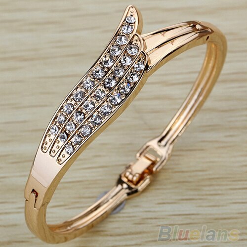 Feminino anjo asa esculpida brilhante strass festa manguito pulseira jóias liga dourada pulseiras criativas feminino 5.58cm