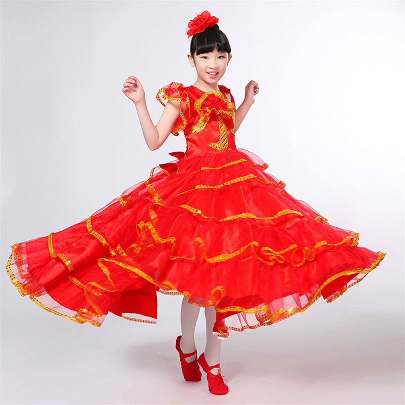 Kinder Flamenco Rot Lange Rock Spanisch Senorita Flamenco Tänzerin Phantasie Kleid Kostüm Spanisch Flamengo Tanz Kleider Für Mädchen DN3040