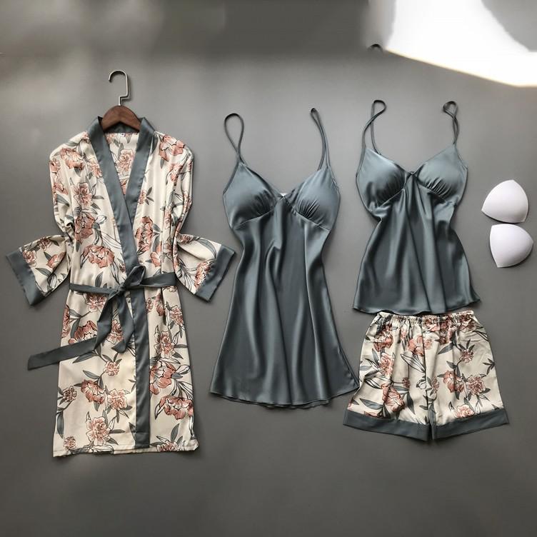 Lady Print Bloem Nighty & Robe Pak Nachtkleding Zijdeachtig Satijn Nachtkleding Kimono Badjas Gown Casual Nachtjapon Thuis Kleding: XXL / Bruin
