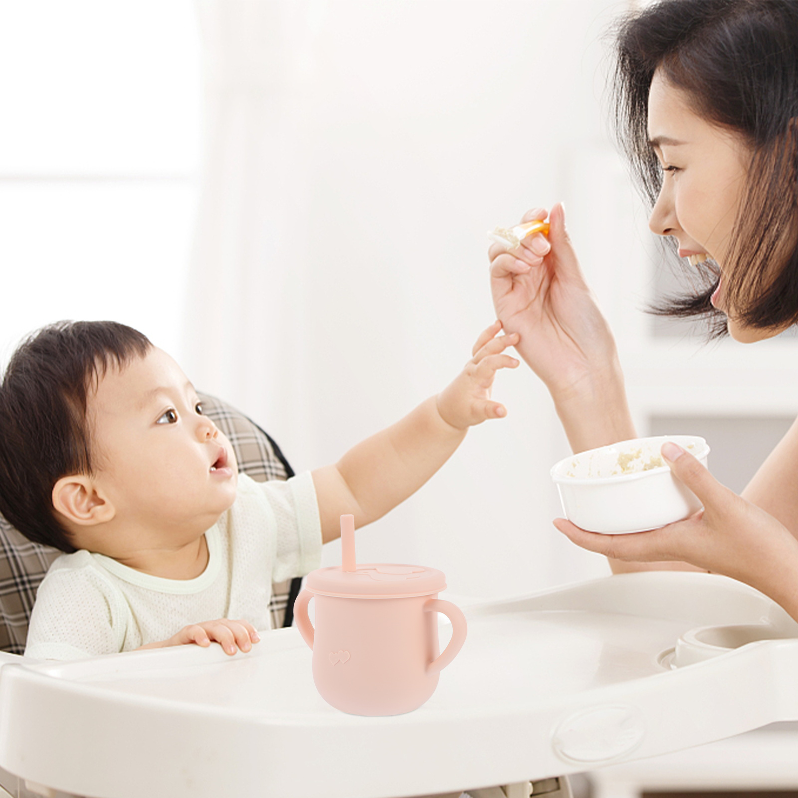 2pcs Silicone Sippy Cups with Straw Baby Toddler Child Feeding with 2 Handles