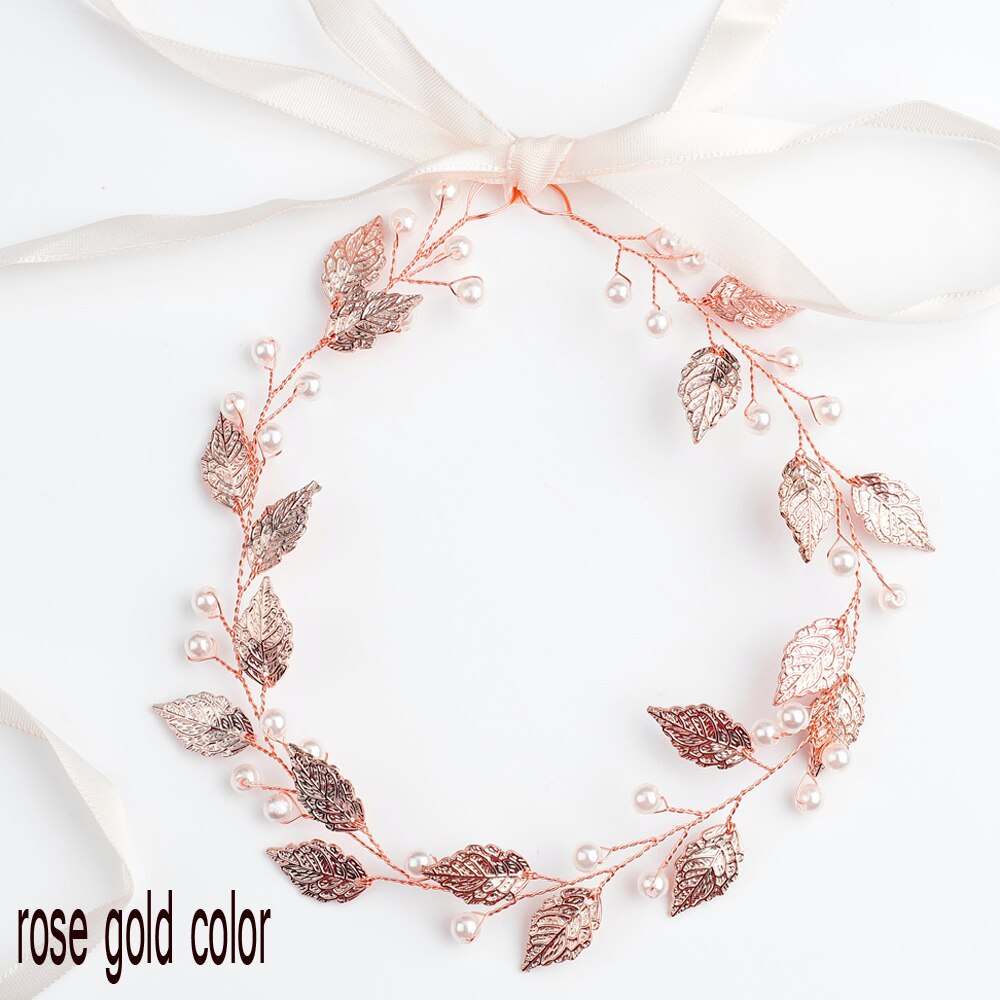 Diadema Retro con hojas y perlas para mujer o niña, accesorios nupciales para el cabello, joyería para el cabello de boda: Rose gold   35cm