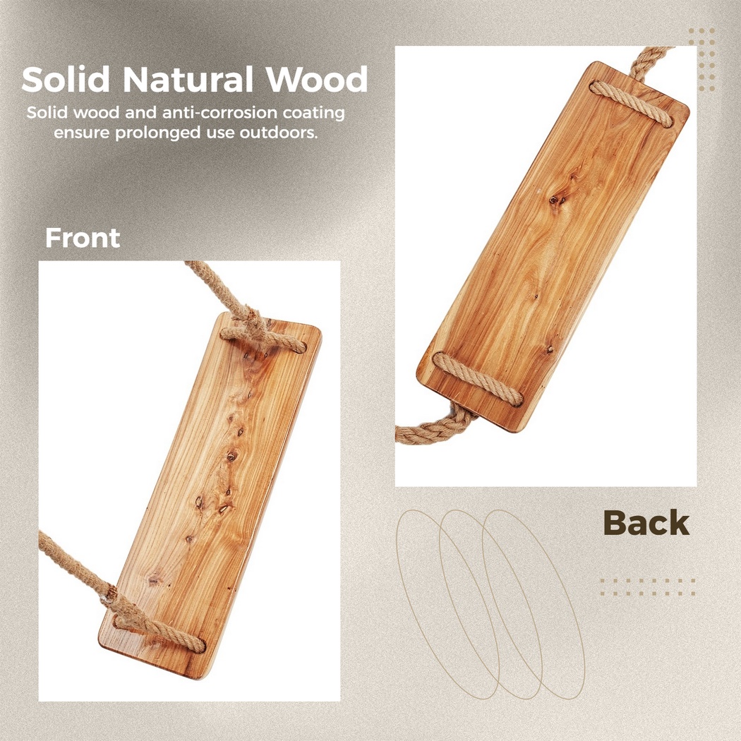 Columpio de árbol de madera de 250 libras, columpio de madera resistente con cuerda de cáñamo ajustable, asiento de columpio colgante impermeable para exteriores para niños