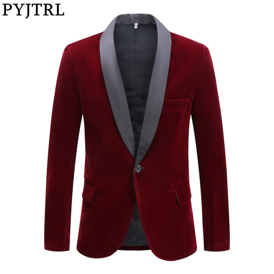 Pyjtrl miesten syksy talvi sametti viininpunainen vapaa-ajan puku takki hääsulhanen laulaja slim fit bleiseri hombre masculino