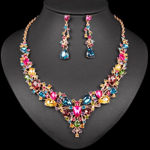 Mode Oostenrijkse Kristallen Oorbellen Ketting Set Indian Bruids Sieraden Sets Wedding Party Kostuum Accessoires voor Bruid Vrouwen: multicolour in gold