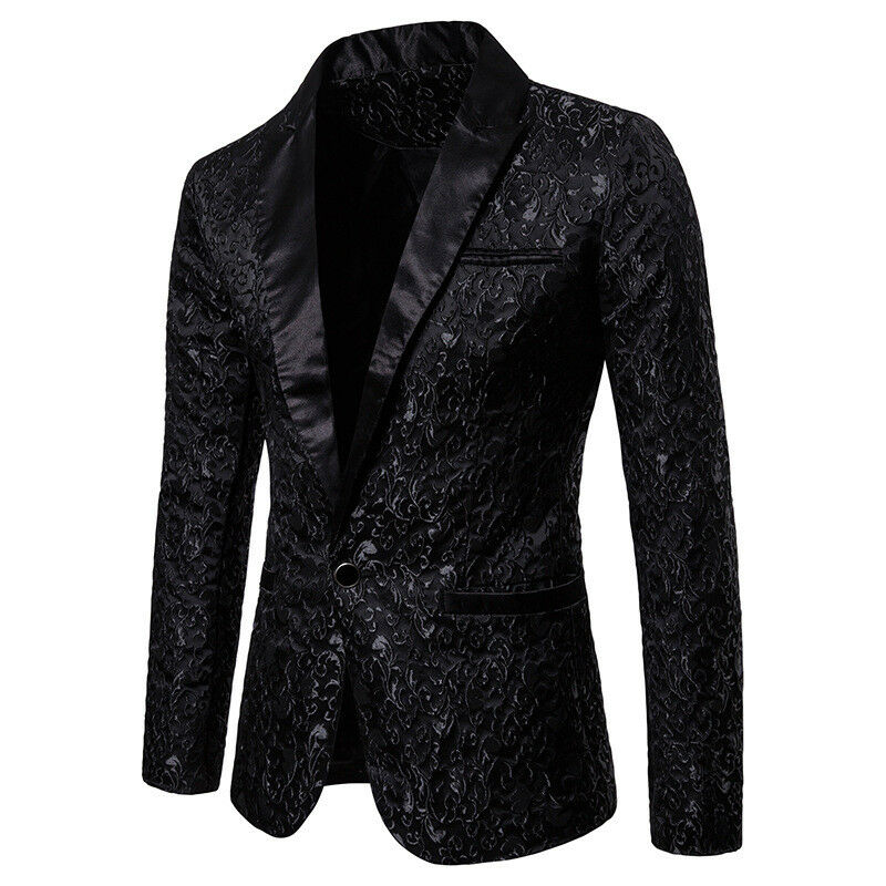 Jacquard Bronzing Bloemen Blazer mannen Pak Jas Toevallige Slanke Formele Een Knop Blazer Mode Casual Bruiloft Jas 2XL: Black / XL