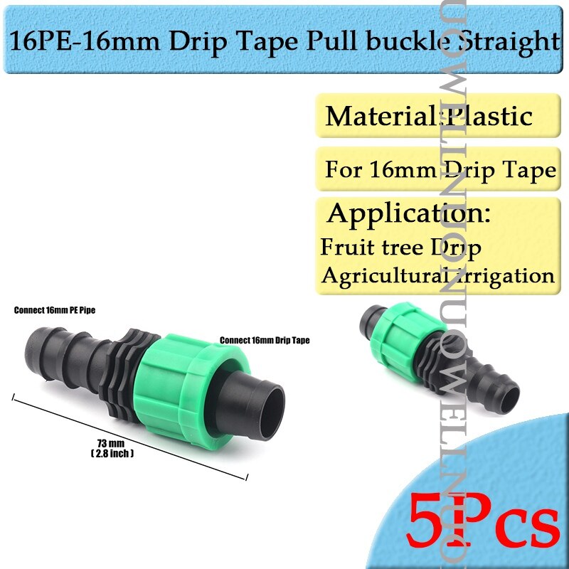5Pcs/Lot 16mm Micro Irrigation Drip Tape Connectors Thread Locked Shut-Off Valve Elbow Tee Agricultural Drip Irrigation Fittings: 16PE-16mm Straight