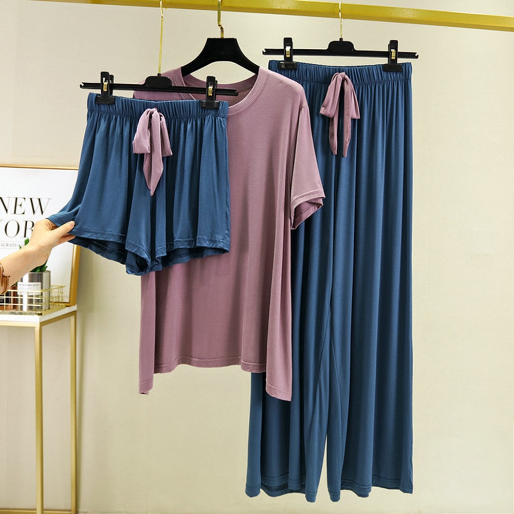 Fdfklak kortärmade shorts + byxor dam 3 st hemdräkt sommarpyjamas modal nattkläder pyjamas femme sovkläder