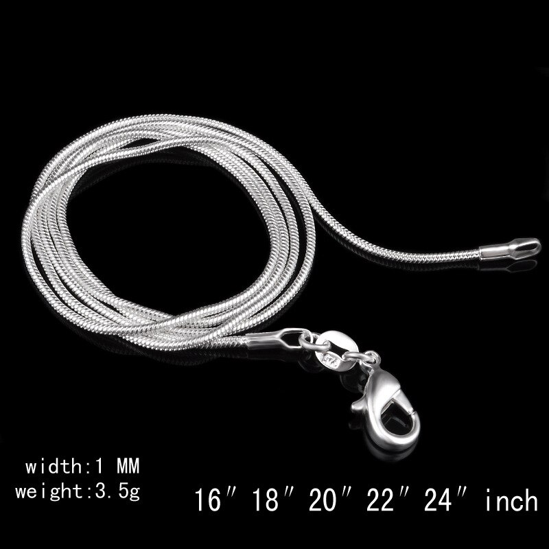 1pcs 1MM 2MM silver plated smooth Snake Chain Necklaces with stamped choker Jewelry Size 16 18 20 22 24 26 28 30 inches